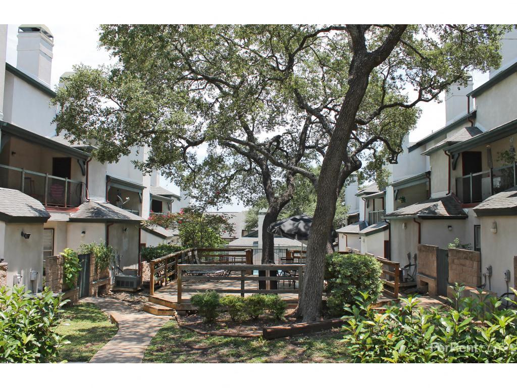 a courtyard with many small houses and a tree